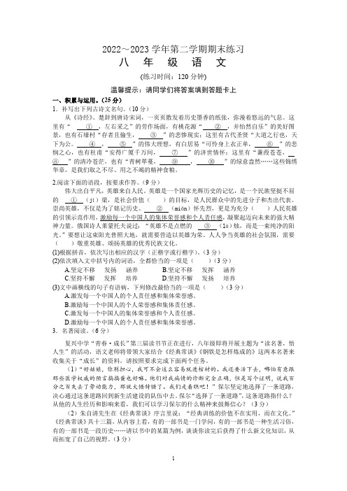 福建省龙岩市漳平市2022-2023学年八年级下学期期末练习语文试题(含答案)