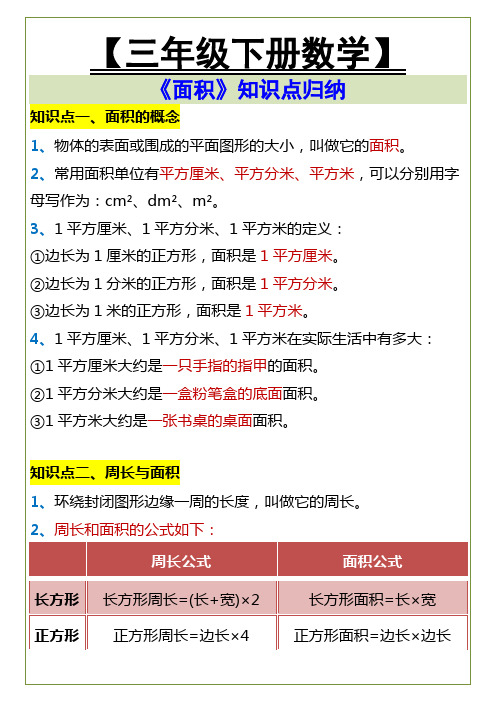 三年级下册数学 《面积》知识点归纳