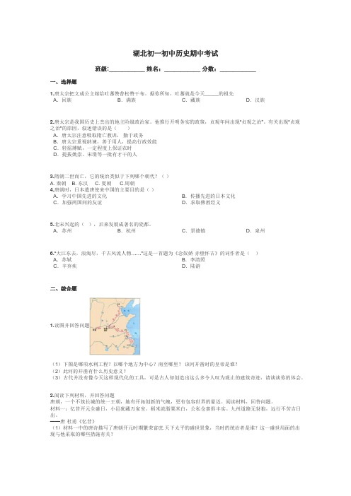 湖北初一初中历史期中考试带答案解析
