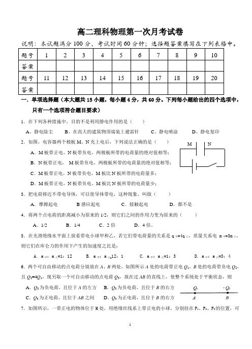 高二理科物理月考试题