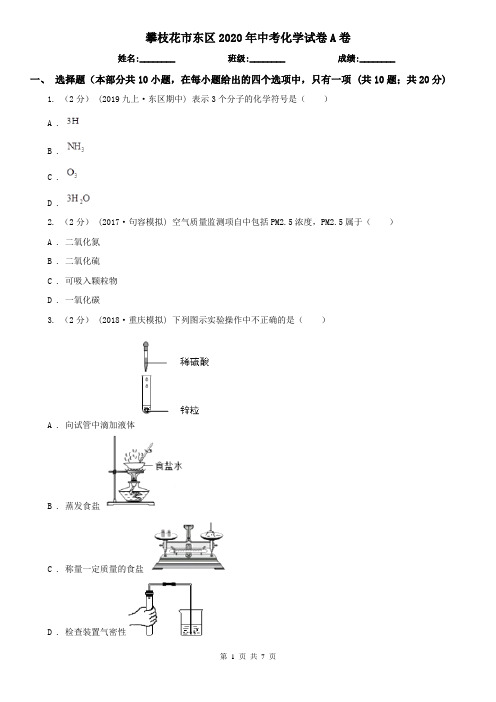 攀枝花市东区2020年中考化学试卷A卷