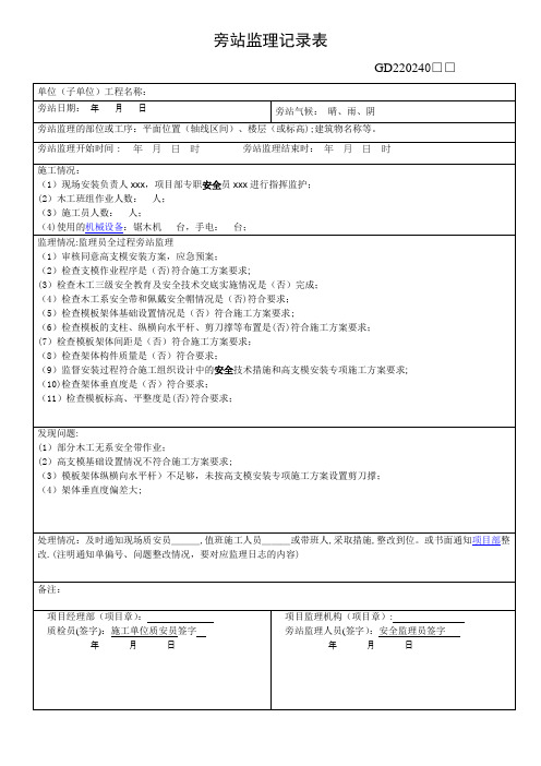 高支模旁站监理记录表