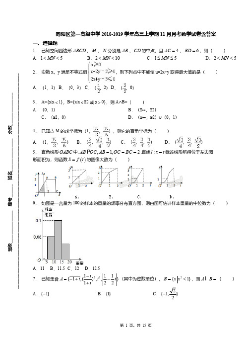 向阳区第一高级中学2018-2019学年高三上学期11月月考数学试卷含答案