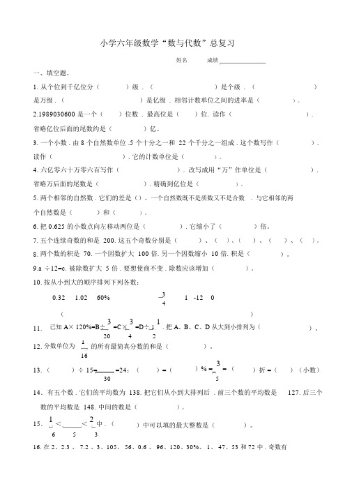 小学六年级数学“数与代数”总复习题.docx