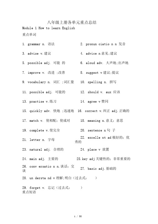 外研版八年级英语上册词组归纳