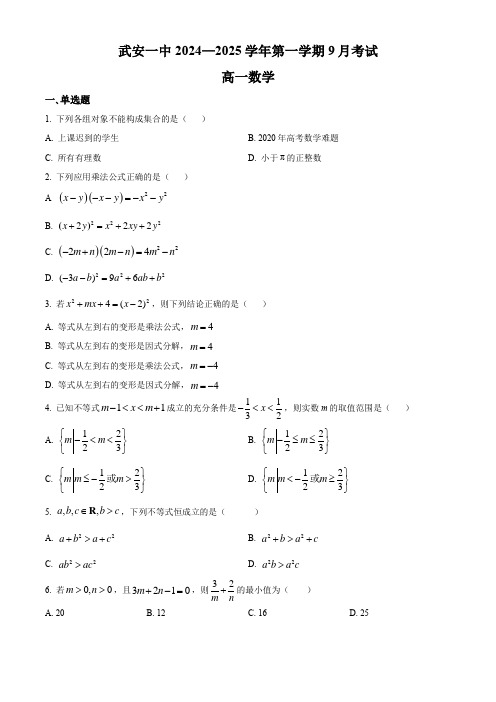 河北省邯郸市武安市第一中学2024-2025学年高一上学期9月月考数学试题2