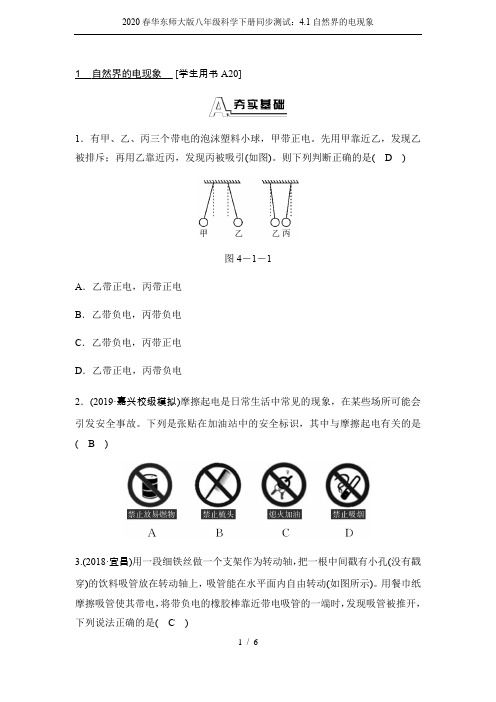 2020春华东师大版八年级科学下册同步测试：4.1自然界的电现象