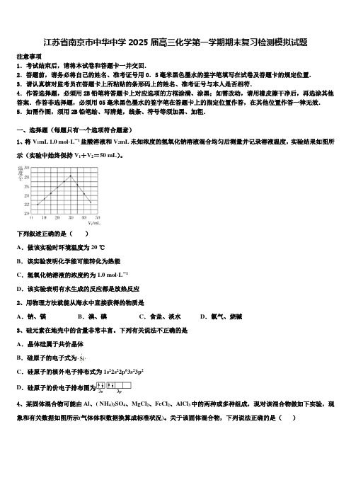 江苏省南京市中华中学2025届高三化学第一学期期末复习检测模拟试题含解析