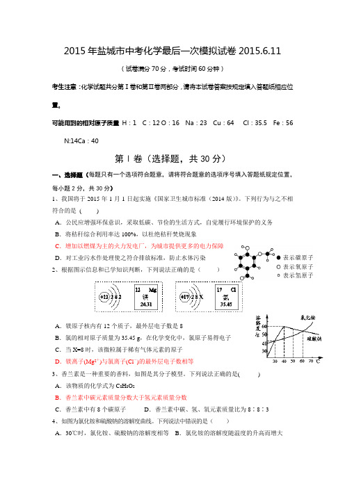 2015年盐城市中考化学最后一次模拟试卷2015.6.11【含答案】