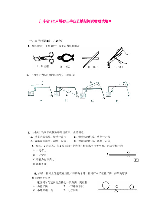 广东省2014届初三毕业班模拟测试物理试题8