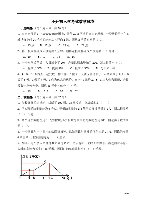 2011(人教版)小升初入学考试数学试卷及答案