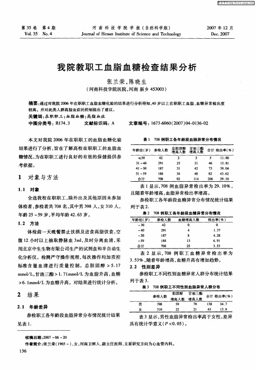 我院教职工血脂血糖检查结果分析