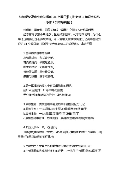 快速记忆高中生物知识的31个顺口溜（附必修1知识点总结必修2知识结构图）