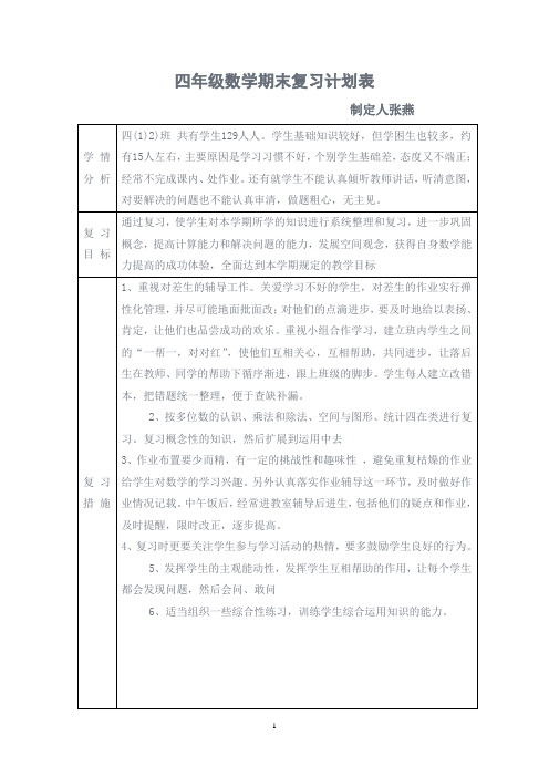 四年级数学期末复习计划表