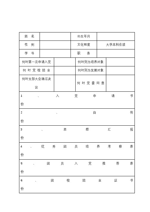 党员发展材料登记表【模板】