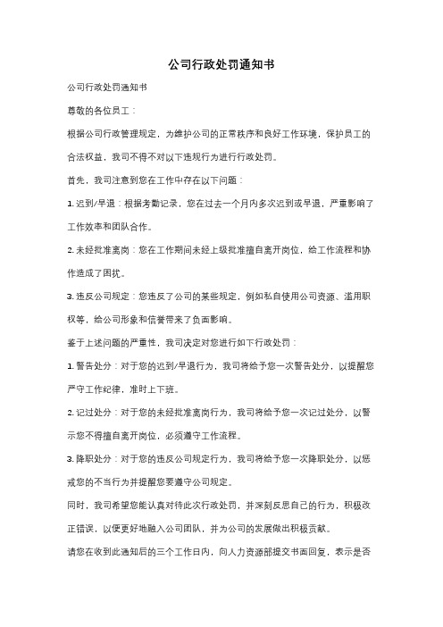 公司行政处罚通知书