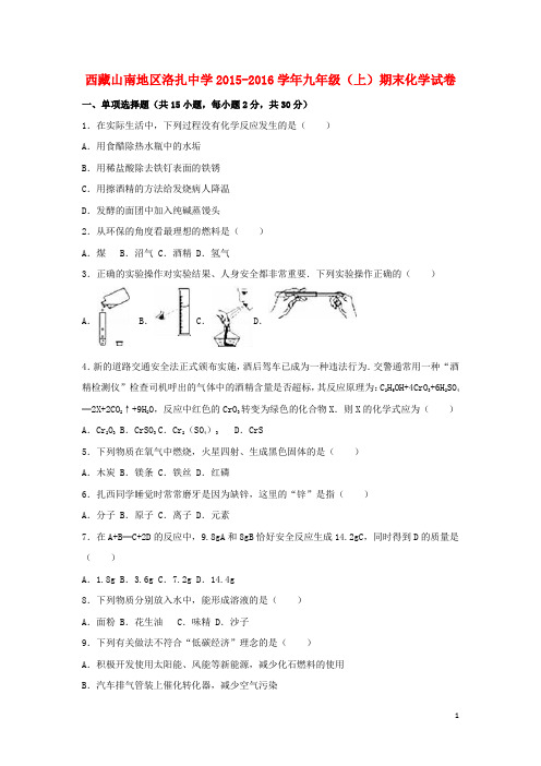 西藏山南地区洛扎中学九年级化学上学期期末试卷(含解