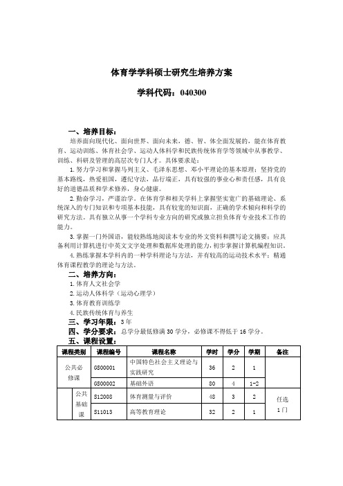 体育学学科硕士研究生培养方案