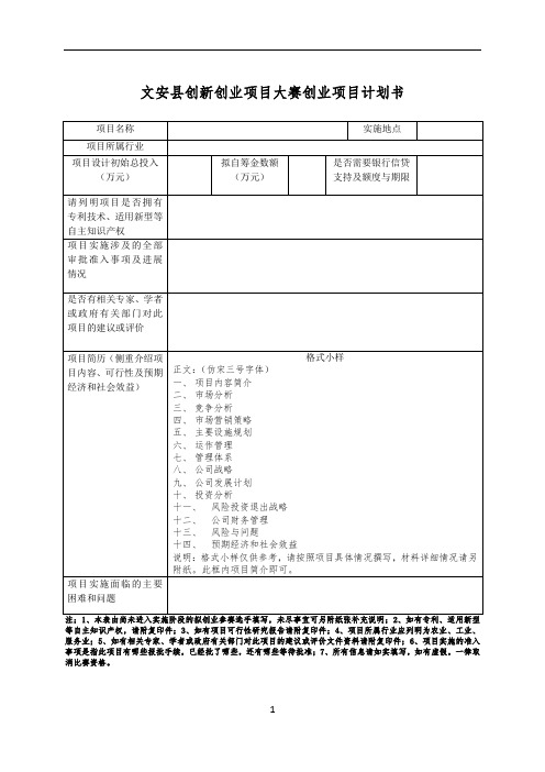 文安县创新创业项目大赛创业项目计划书