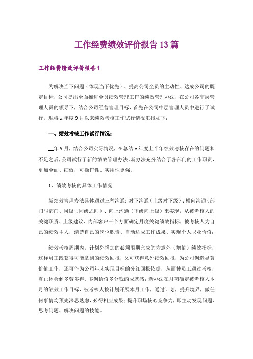 工作经费绩效评价报告13篇