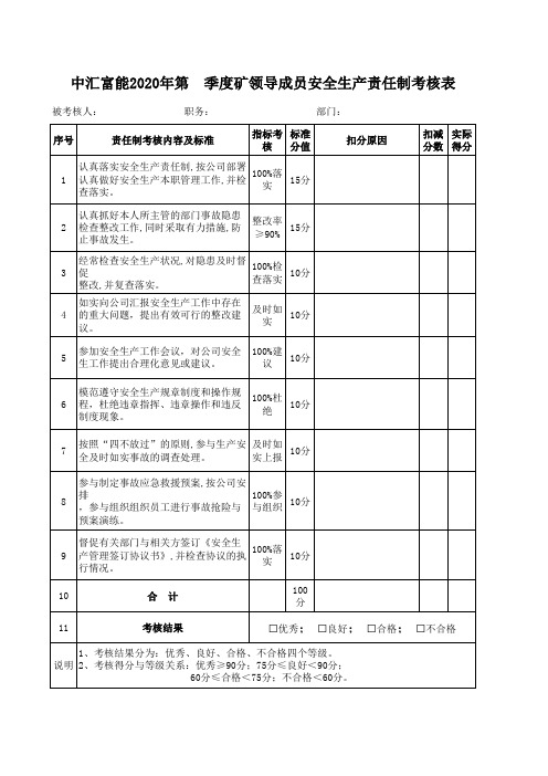 2020-煤矿标准化-安全生产责任制 矿领导成员 考核表(最新最全)