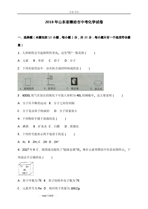 山东省潍坊市2018年中考化学试题(word版,含解析)