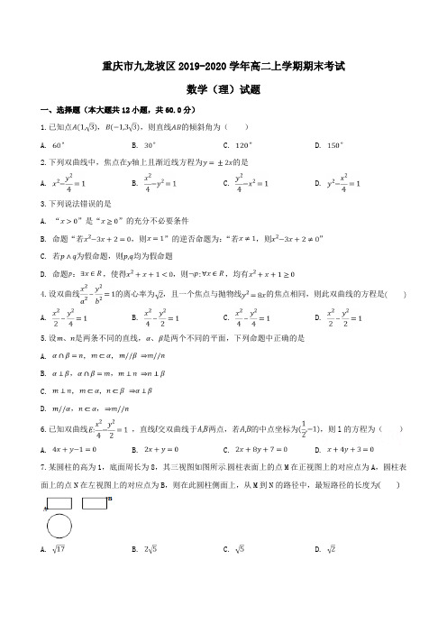 重庆市九龙坡区2019-2020学年高二上学期期末考试数学(理)试题Word版含解析