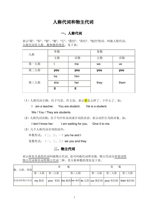 初一英语人称代词和物主代词的表格及练习题