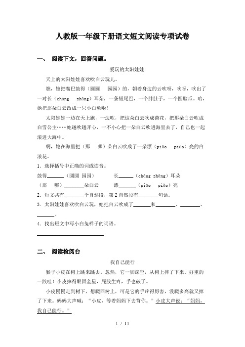 人教版一年级下册语文短文阅读专项试卷