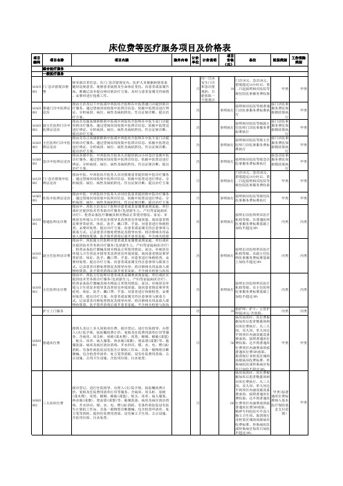 床位费等医疗服务项目及价格表