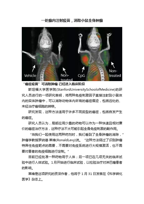 一处瘤内注射疫苗，消除小鼠全身肿瘤