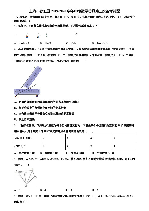 上海市徐汇区2019-2020学年中考数学仿真第三次备考试题含解析