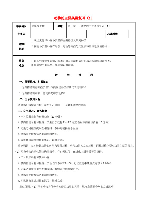 山东省聊城市高唐县第二实验中学八年级生物上册 第五单元 第一章 动物的主要类群复习教案(1)(新版)