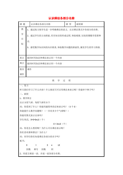 (小学教育)二年级数学上册第4单元表内乘法一乘法的初步认识乘法算式中各部分的名称教案2新人教版