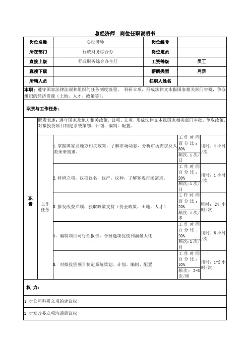 制药企业总经济师任职资格说明书