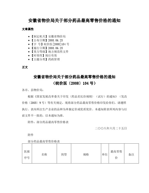 安徽省物价局关于部分药品最高零售价格的通知