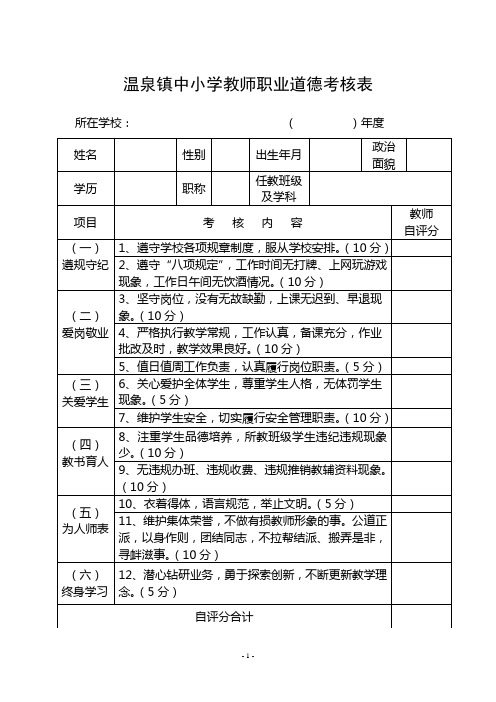 中小学教师职业道德考核表