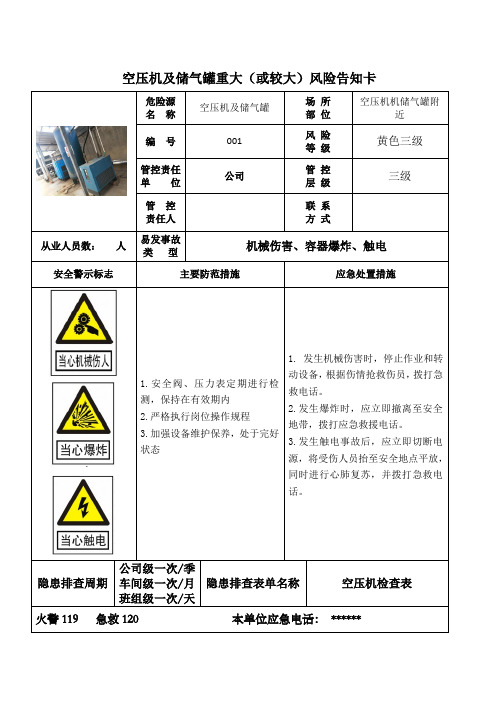 空压机及储气罐重大(或较大)风险告知卡(90厘米宽60厘米长)