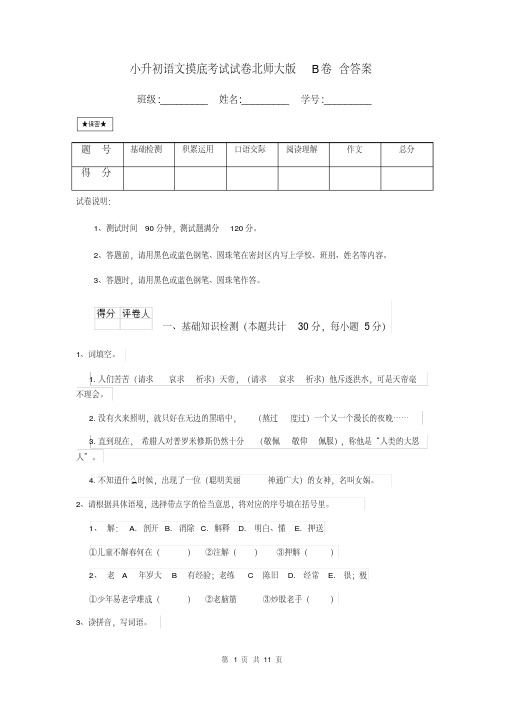 小升初语文摸底考试试卷北师大版B卷含答案