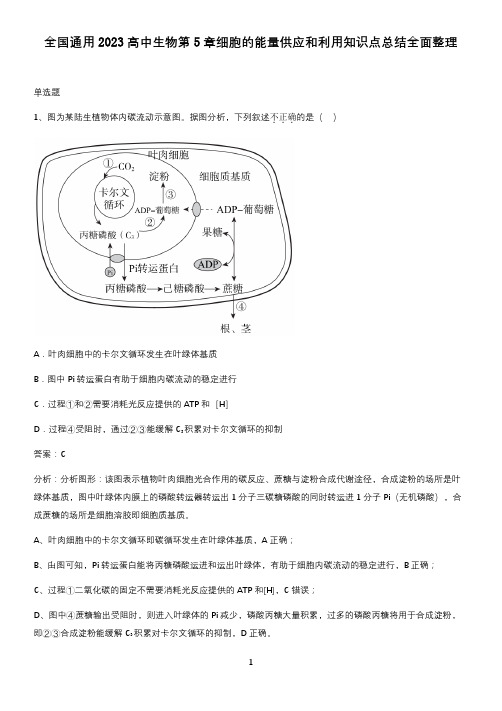 全国通用2023高中生物第5章细胞的能量供应和利用知识点总结全面整理