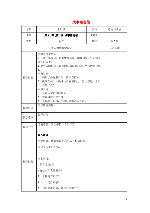 七年级道德与法治下册第四单元体悟生命价值第11课自尊自信第2框成事需自信教案苏教版