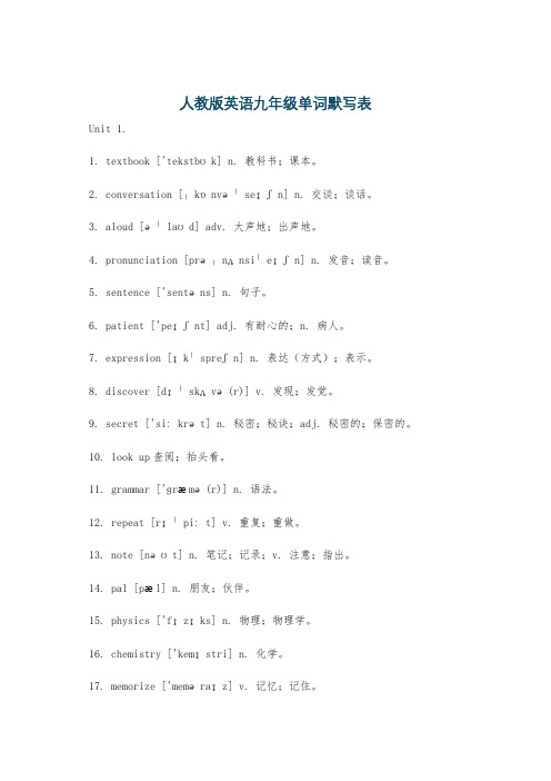 人教版英语九年级单词默写表