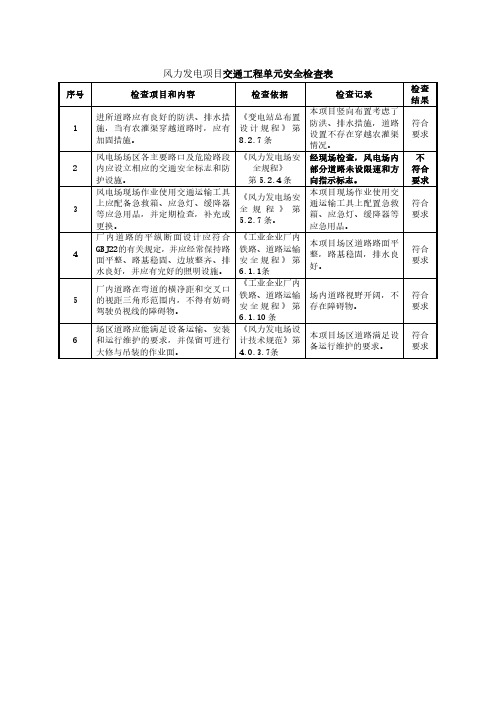 风力发电项目交通工程单元安全检查表