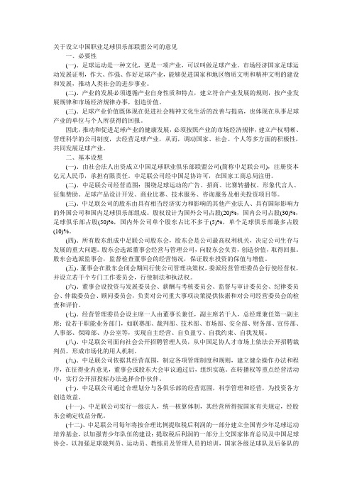 关于设立中国职业足球俱乐部联盟公司的意见