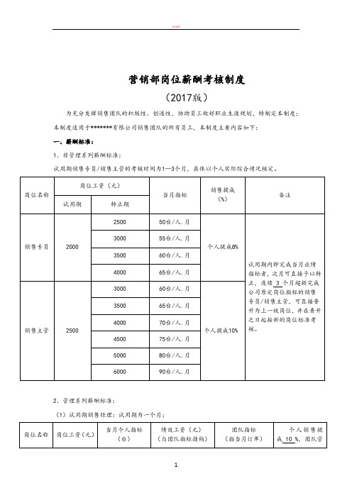 营销部岗位薪酬考核制度(2017版)