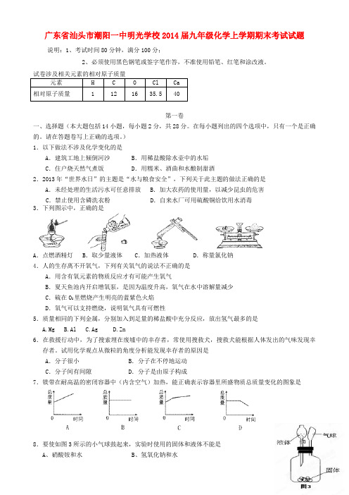 广东省汕头市潮阳一中明光学校九年级化学上学期期末考试试题