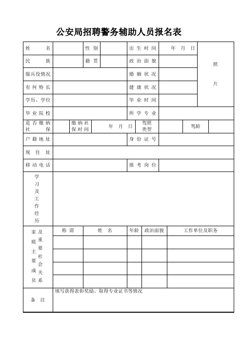 公安局招聘警务辅助人员报名表