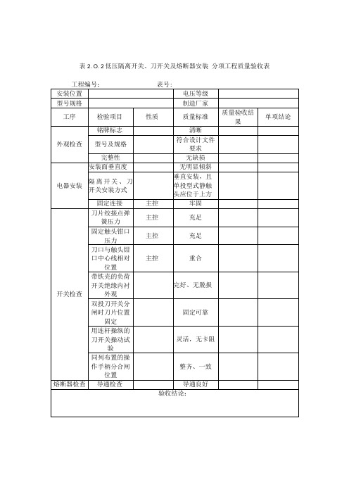 表2.0.2 低压隔离开关、刀开关及熔断器安装 分项工程质量验收表