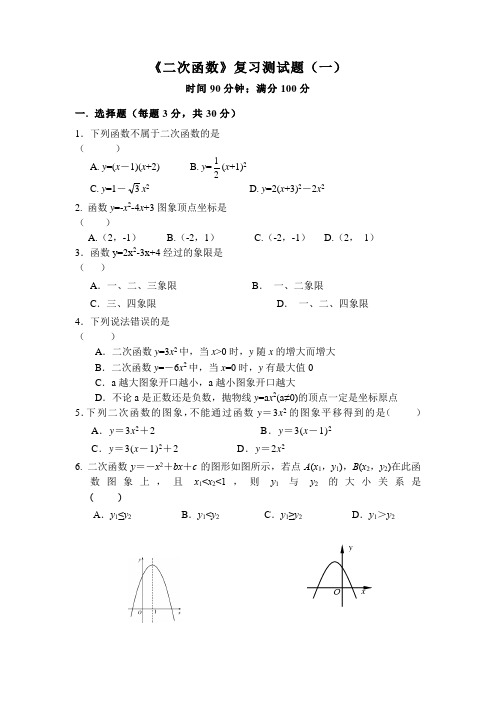 人教版中考数学二次函数复习测验