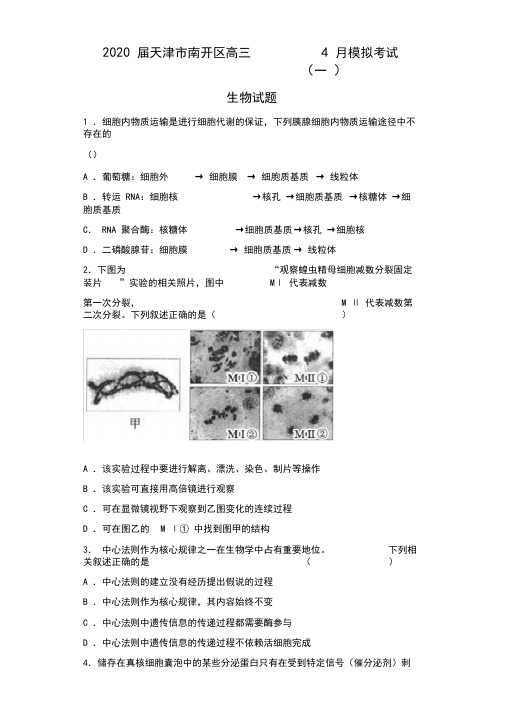 2020届天津市南开区高三4月模拟考试(一)生物试题(带答案解析)